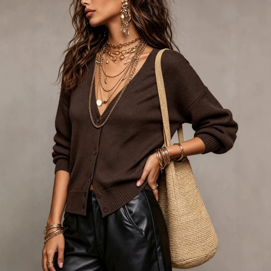 Knit Cardigan for Women — V Neck Button Front Sweater with Dropped Shoulders in Soft Wool