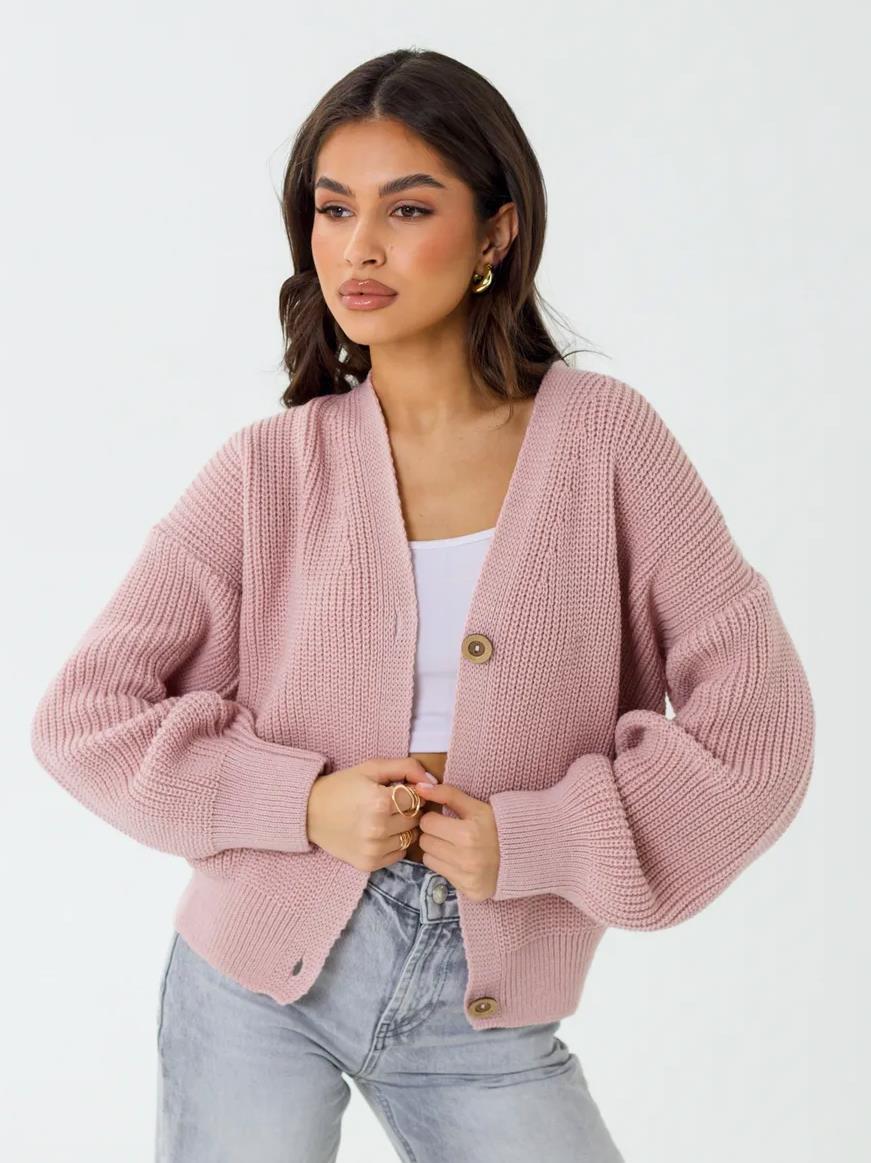Cropped Cardigan for Women — Chunky Rib Knit with V Neck and Button Front