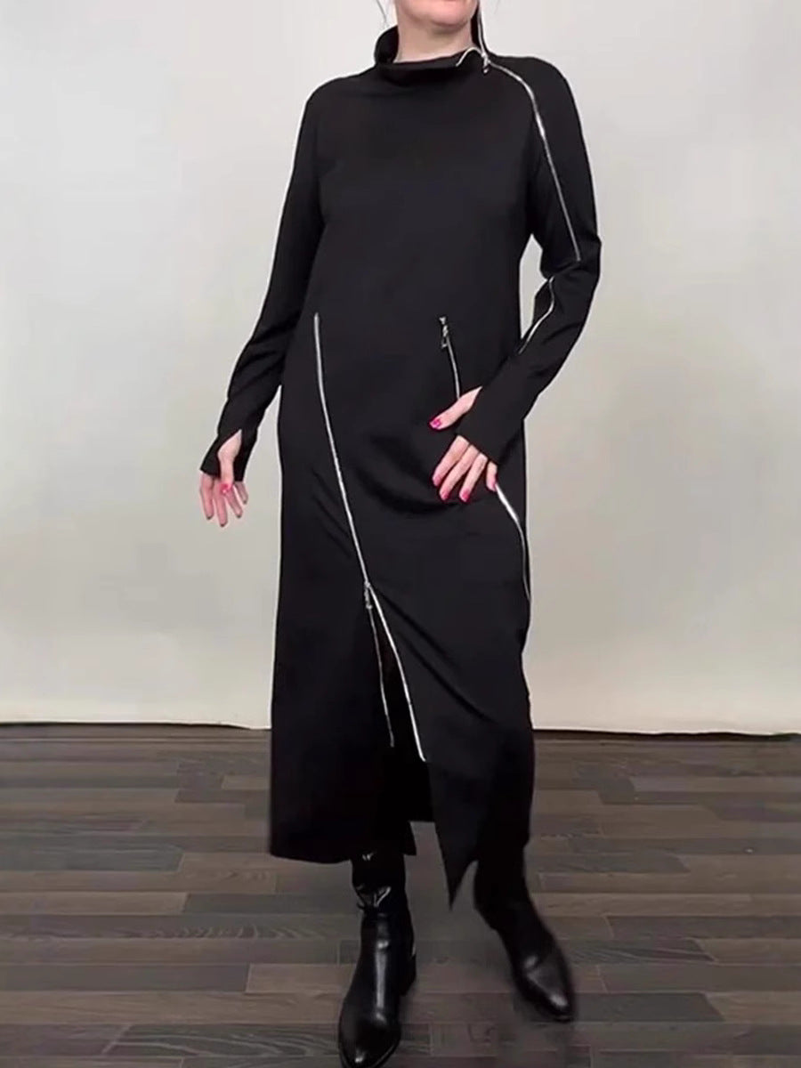 Long Sleeve Knit Midi Dress — High Funnel Neck with Asymmetric Zip Detail and Side Slit