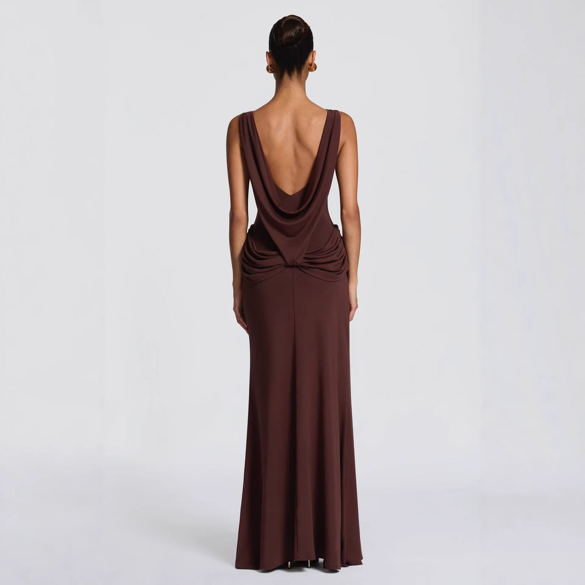 Brown draped backless maxi dress with cowl neckline