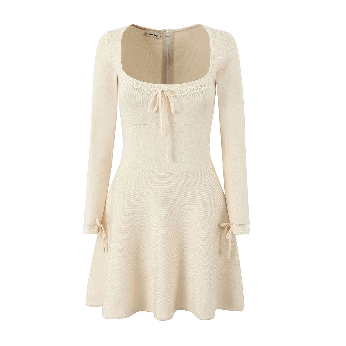 Beige square-back mini dress with long sleeves and bow-tie neckline detail