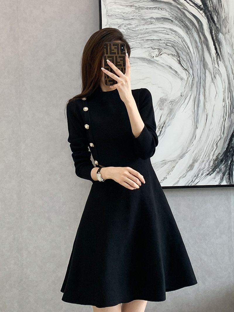 Long Sleeve Mini Dress — Knit Fit and Flare with Mock Neck and Pearl Button Trim