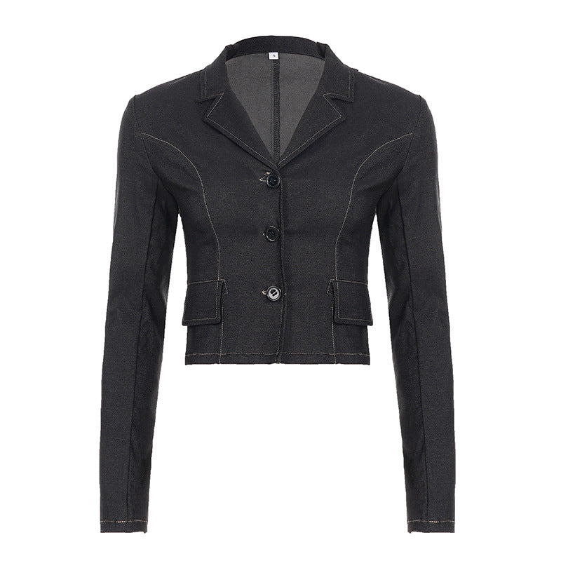 Dark faux-denim V-neck button-up cropped jacket with chest and side flap pockets