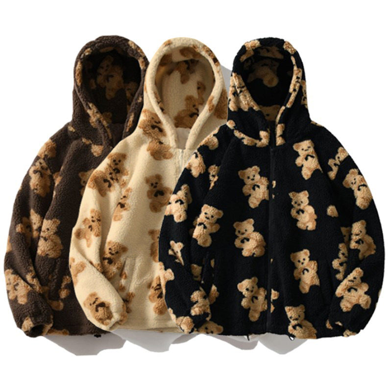 Set of three plush zip hoodies with teddy bear prints in off-white, black, and brown