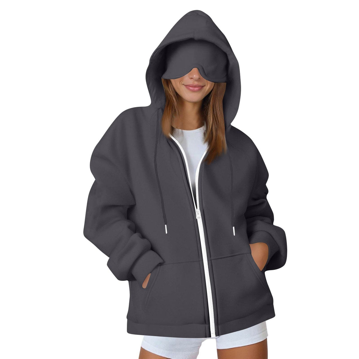 Women\'s zip-up hooded sweatshirt jacket in dark gray, full front zipper, side pockets