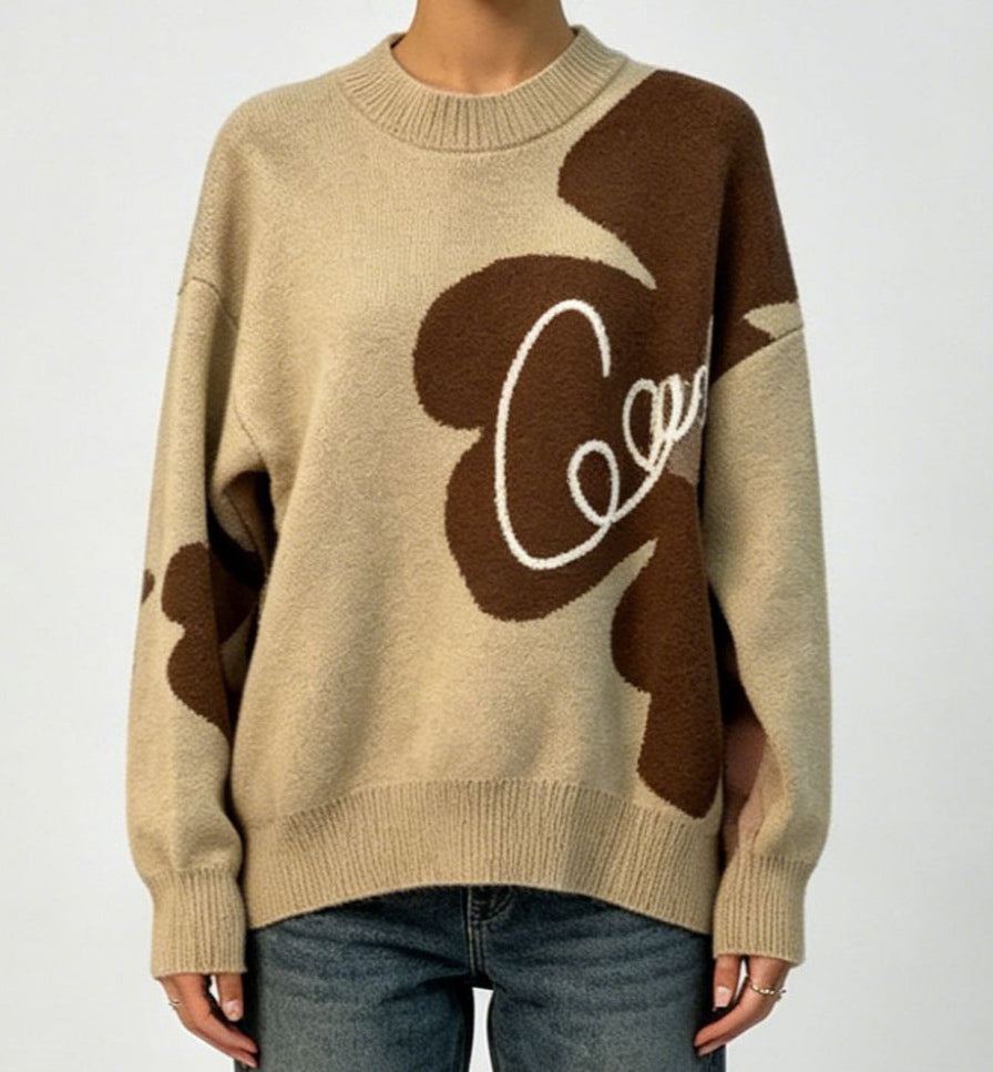 Floral Sweater for Women — Oversized Crew Neck Knit Pullover in Soft Wool