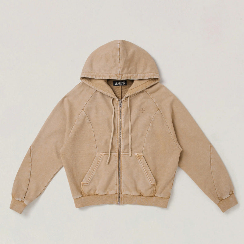 Beige zip-up hooded jacket with front zipper, drawstring hood, and side pockets