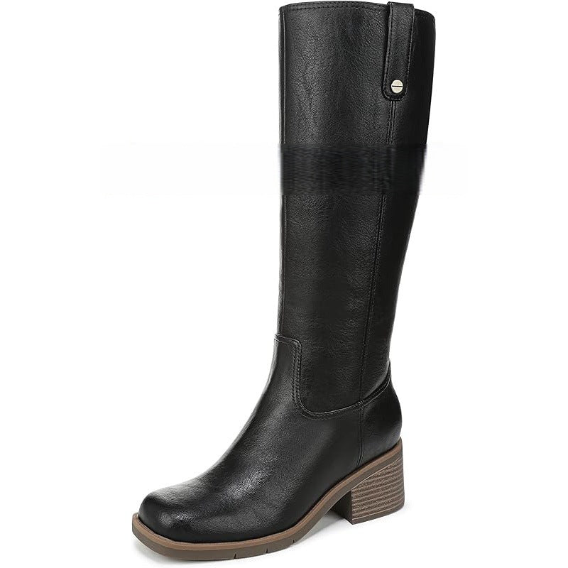 Black knee-high riding boots with side pull tab and stacked block heel