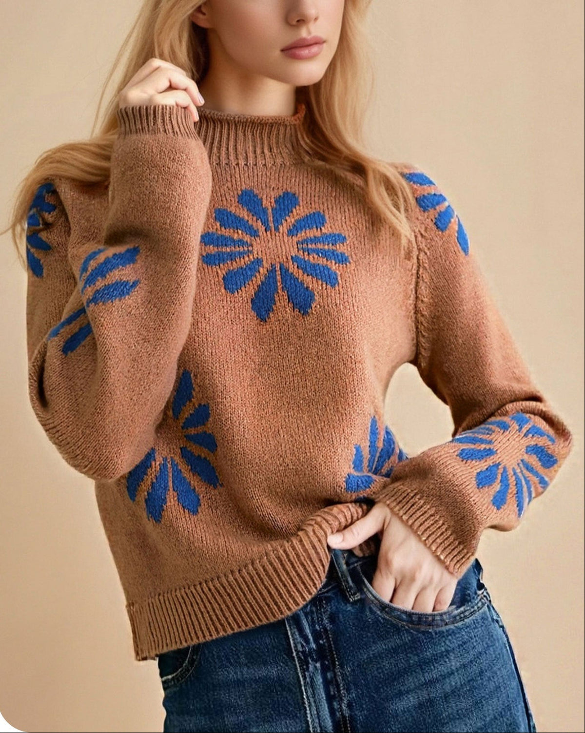 Women's brown round-neck knit sweater, long sleeves, blue floral pattern
