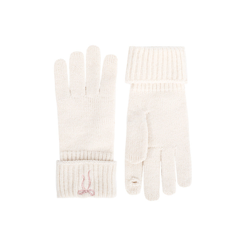 Off-white knitted gloves shown front and back, with ribbed cuffs and touch-screen fingertips.