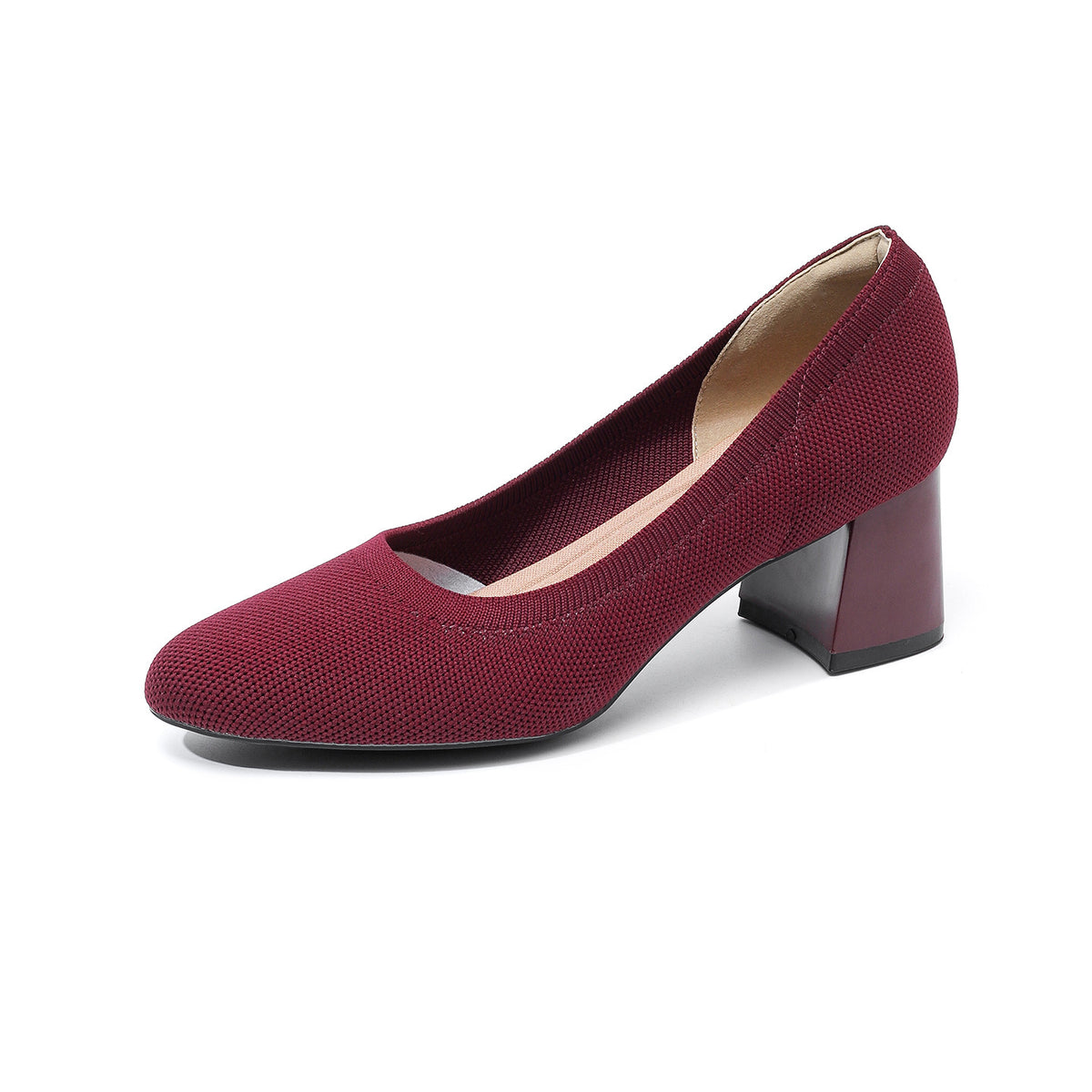Burgundy knit pointed-toe pumps with chunky block heel