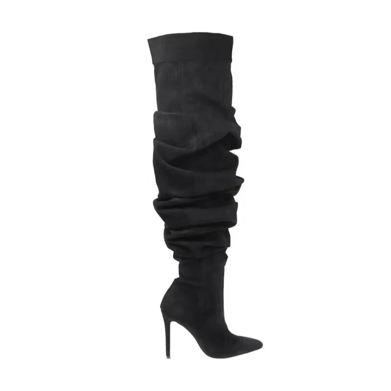 Over-the-Knee Suede Boots for Women — Slouchy Pointed-Toe Style with Stiletto Heel