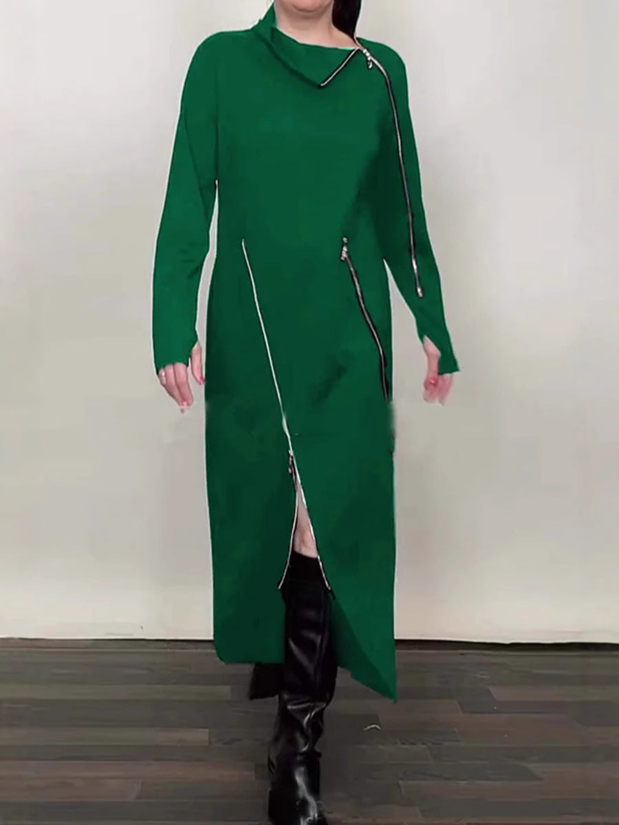 Long Sleeve Knit Midi Dress — High Funnel Neck with Asymmetric Zip Detail and Side Slit