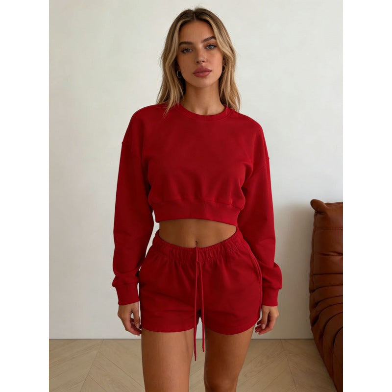 Sweatshirt and Shorts Set for Women — Cropped Crewneck Two Piece Lounge Set in Cotton Fleece
