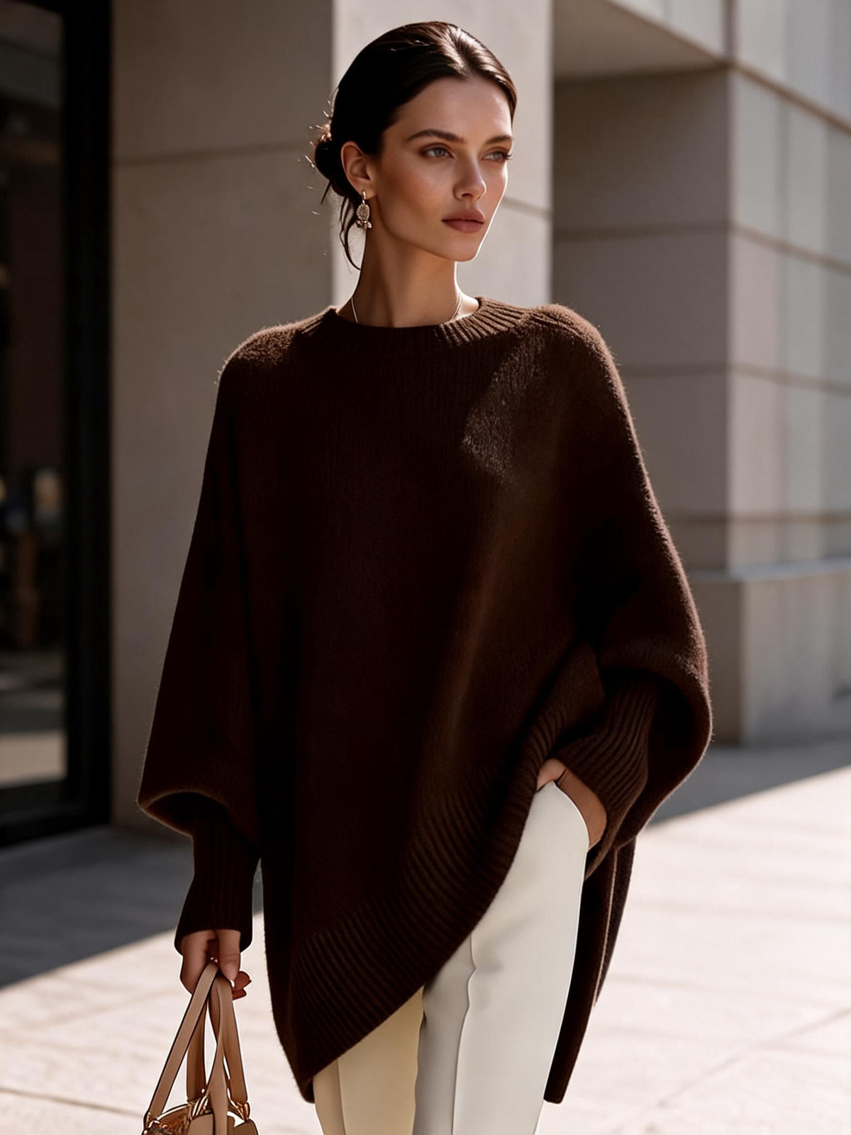 Plus-size knit sweater, solid dark brown, round neck pullover with oversized batwing sleeves