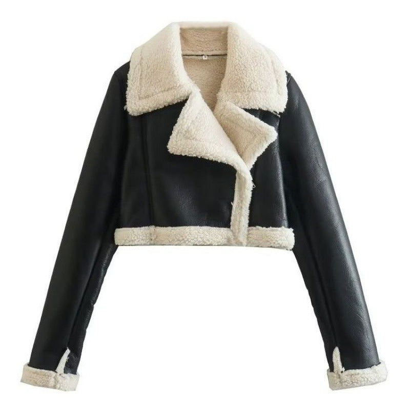 Shearling Jacket for Women — Cropped Faux Leather Moto with a Teddy Lining