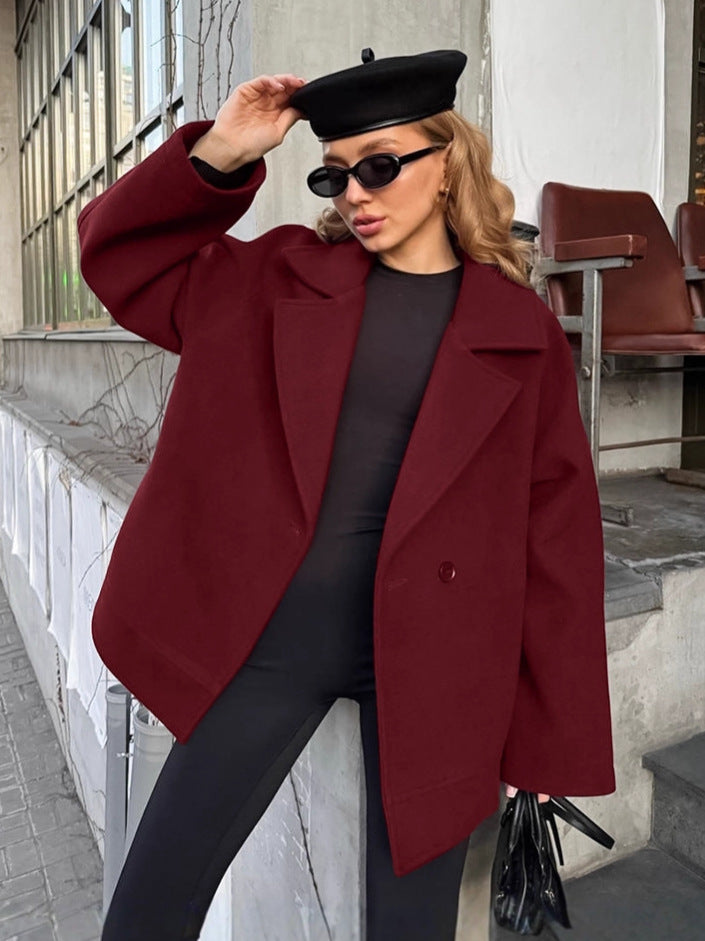 Wool Coat for Women — Short Belted Wrap Style with Notch Lapel and Dropped Shoulders