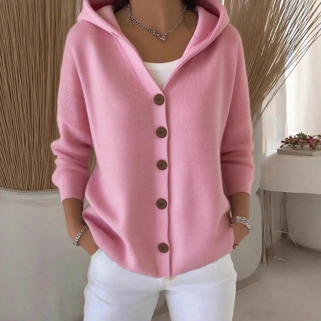 Pink hooded knit cardigan with button-front placket and long sleeves