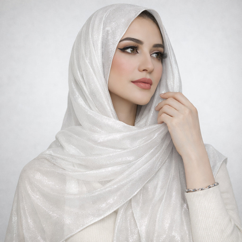 Silver sequin chiffon headscarf with draped wrap, glittery shimmer finish
