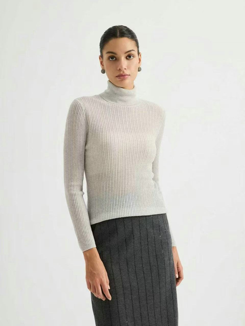 Light gray women’s high-neck knit sweater, slim fit, long sleeves