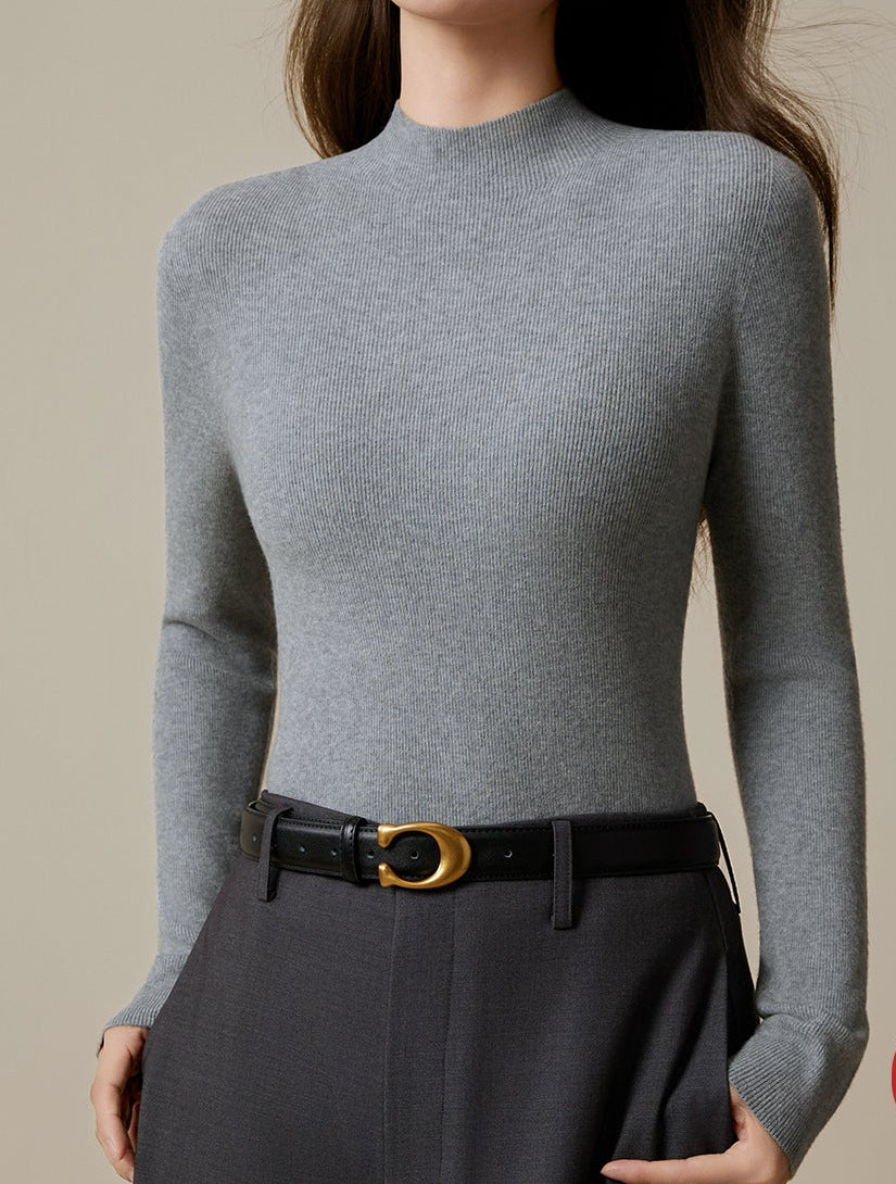 Gray slim-fit merino wool mock neck sweater with long sleeves and ribbed knit
