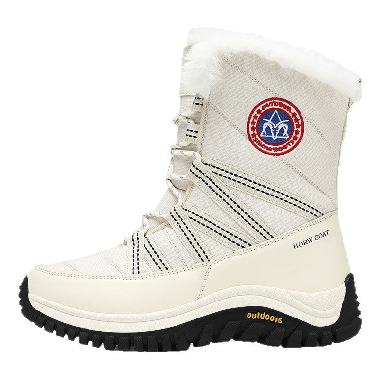 Women’s snow boots, white high-top boot with faux-fur collar, lace-up, thick tread sole