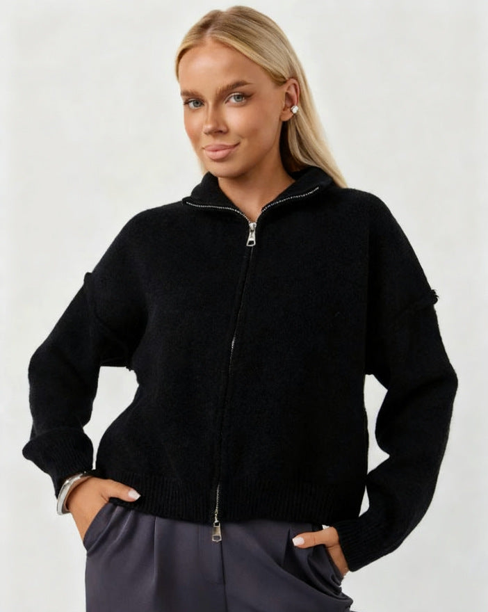Zip Up Cardigan for Women — Oversized Stand Collar Knit in Soft Wool Blend