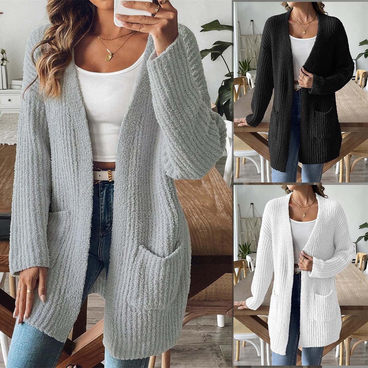 Women's gray plush knit cardigan, open front, long sleeves, patch pockets