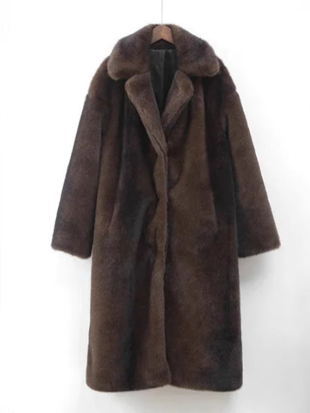 Women's brown faux fur maxi coat with wide notch lapels, longline oversized fit