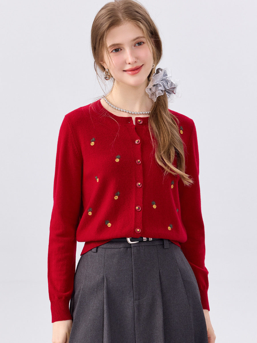 Red wool cardigan sweater, round neck, button-front, long sleeves, small fruit print