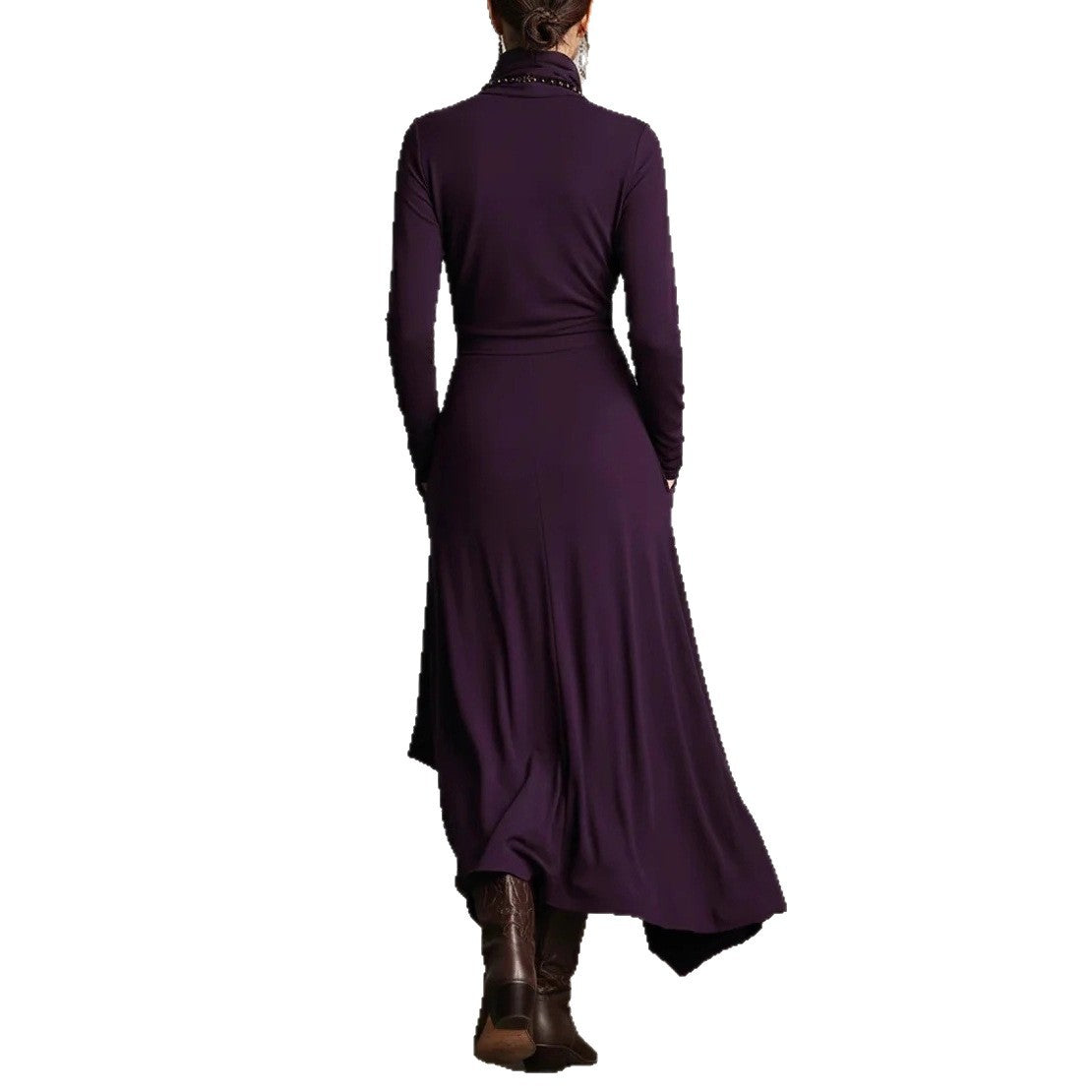 Turtleneck Maxi Dress — Long Sleeve Asymmetric Draped Skirt with Pockets in Viscose