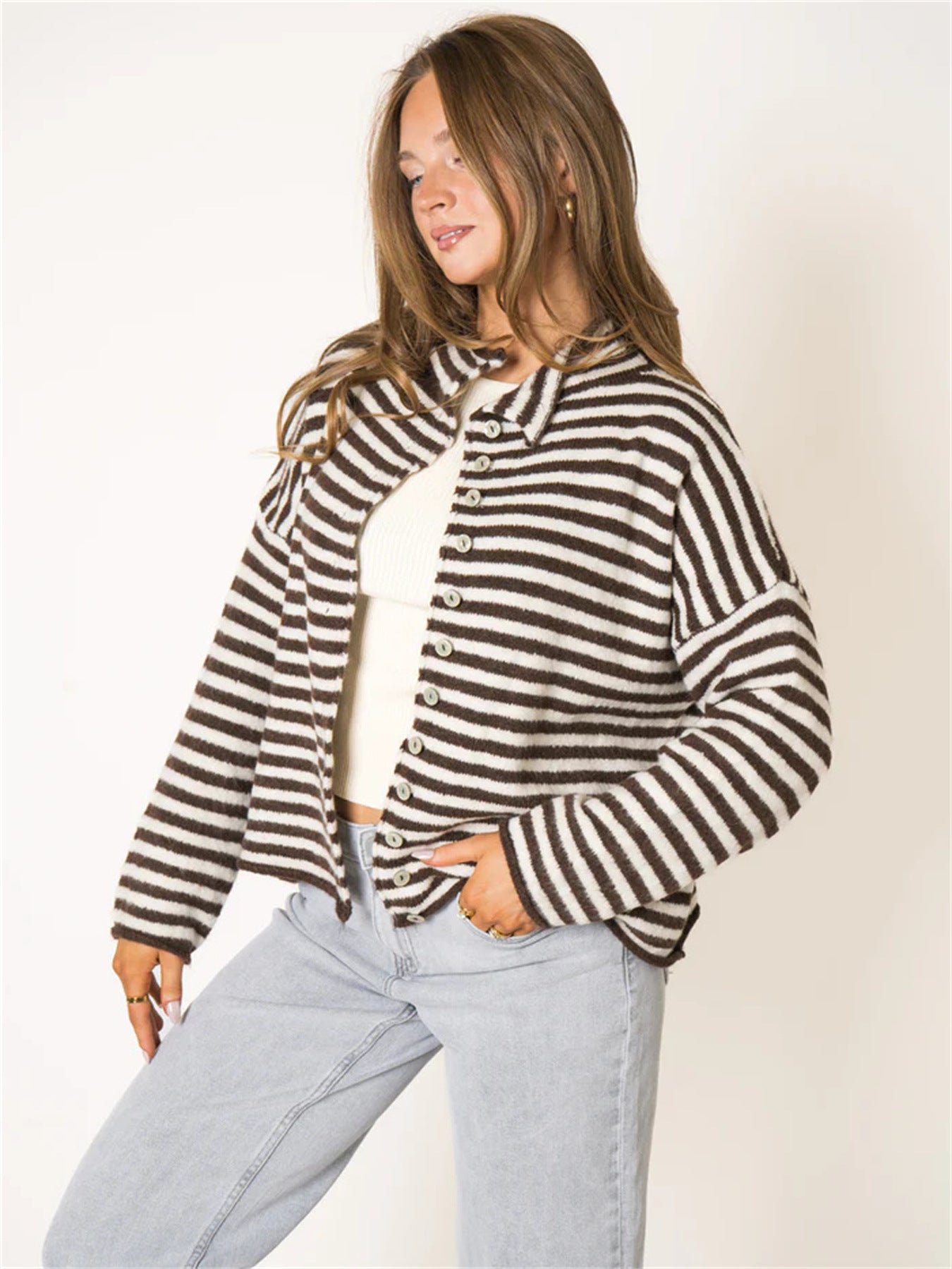 Striped Cardigan Sweater for Women — Button Front Stand Collar Knit in Soft Mohair