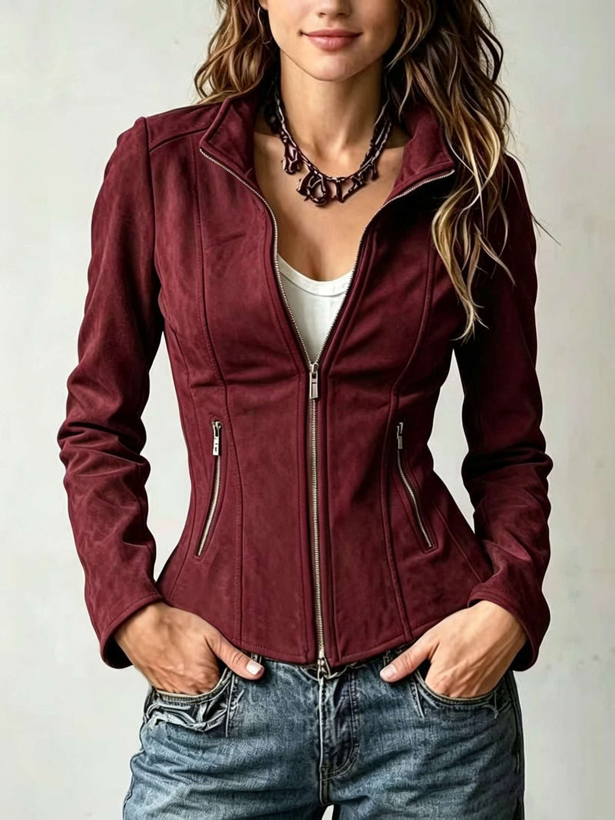 Women's fitted suede-style stand-collar zip jacket with front pockets, wine red