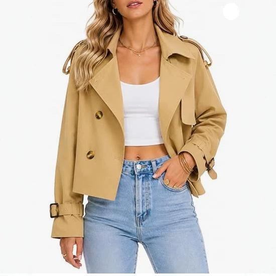 Camel short double-breasted trench coat with gold buttons and belt cuffs