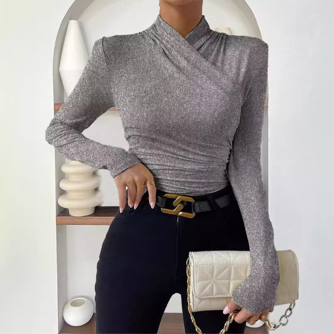 Gray viscose mock-neck long-sleeve top with ruched waist crossover wrap detail