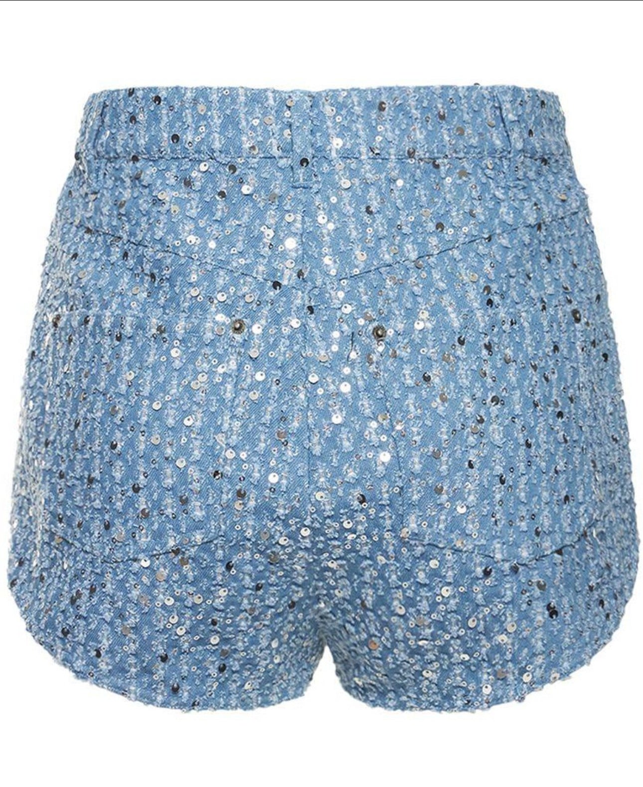 Sequin Two Piece Set — Cropped Denim Look Jacket with High Waist Shorts for Women
