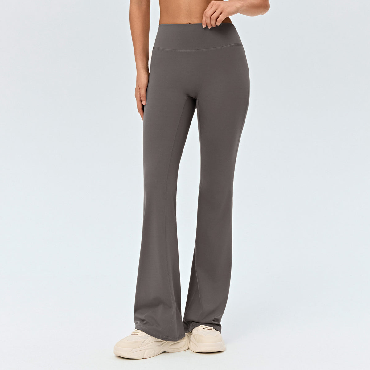 Women’s high-waisted yoga flared pants in dark gray, flared wide-leg cut