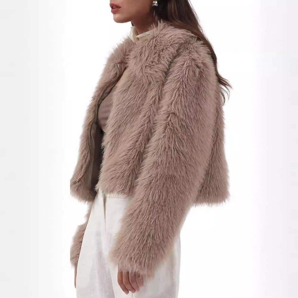 Women’s faux fur jacket, long sleeves, zip front, light taupe shaggy, stand collar