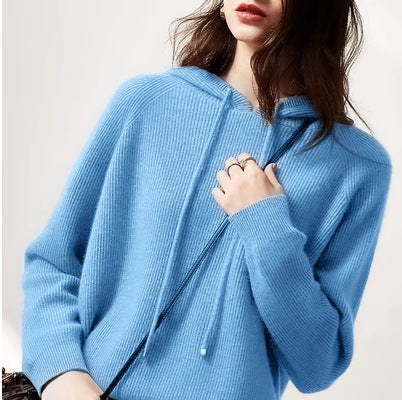 Women’s hooded knit sweater in blue, pullover with drawstring and front pocket