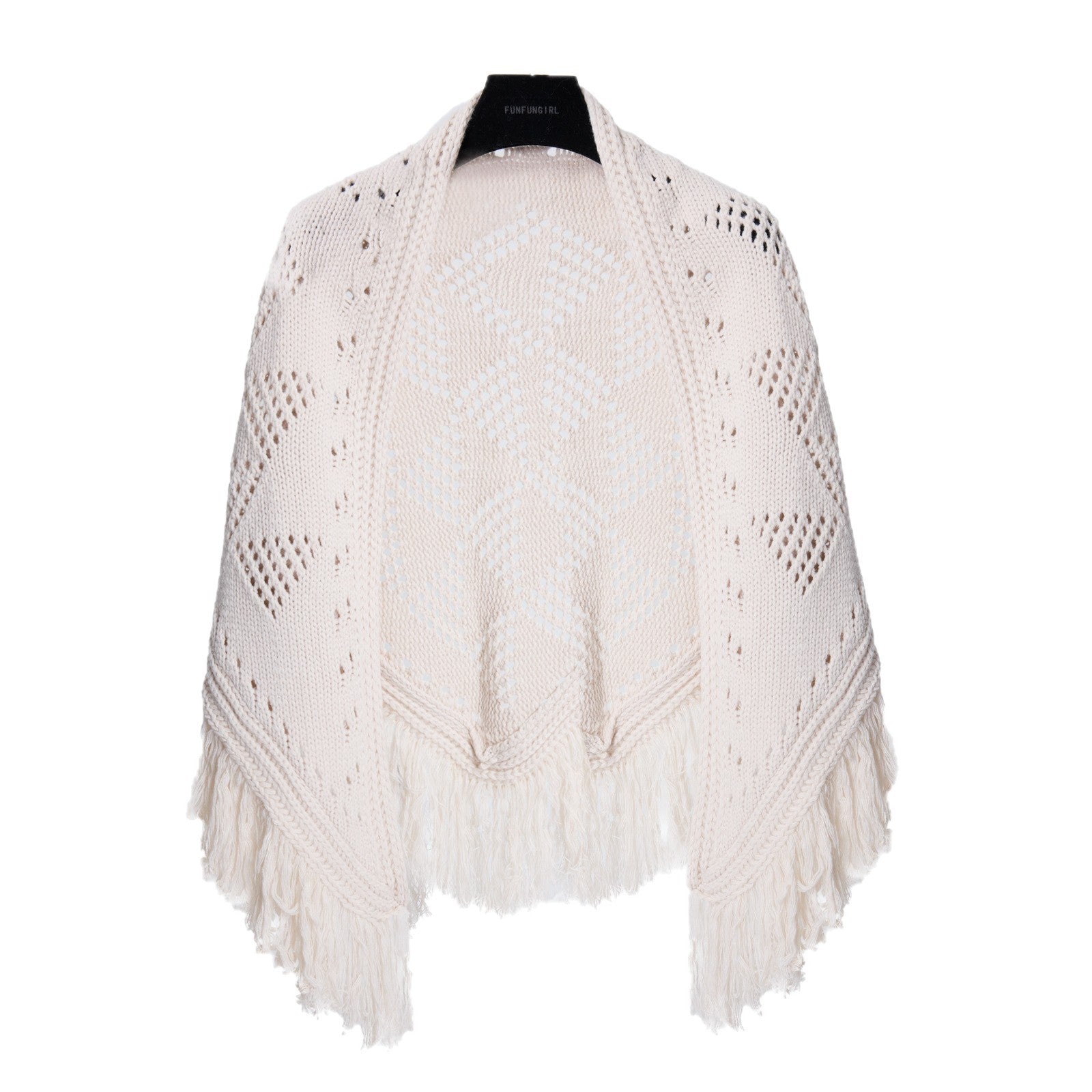 White crochet triangle shawl with hollow diamond pattern and fringe tassels.