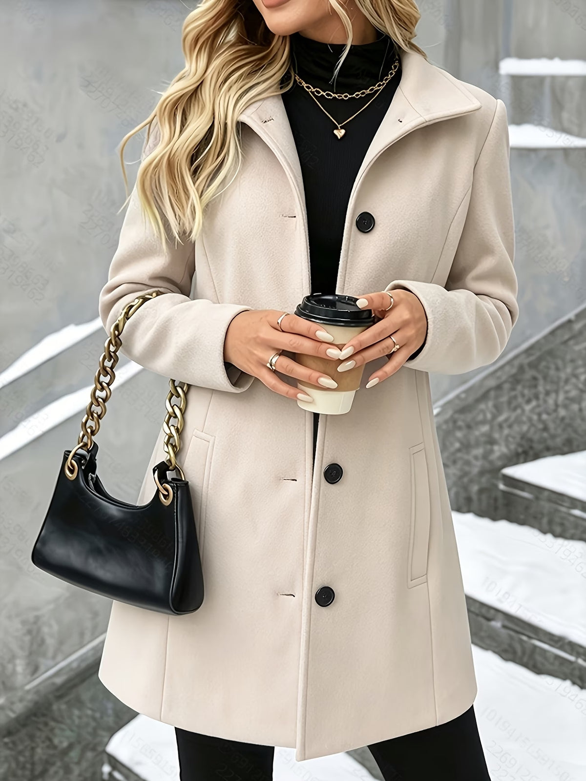 Women’s mid-length wool coat, turn-down collar, single-breasted, beige with buttons