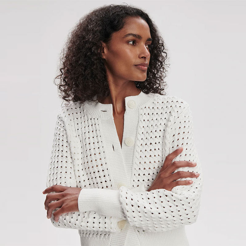 White button-front cardigan with textured openwork knit pattern, round neckline, long sleeves