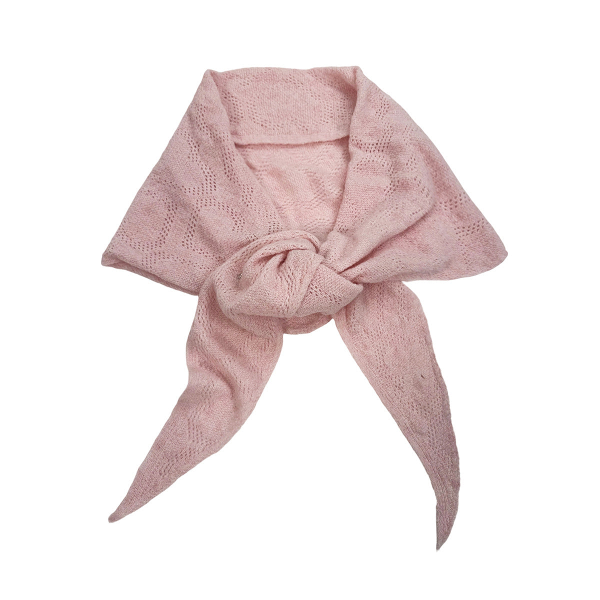 Wool triangle scarf with tied bow, textured knit, pale pink color