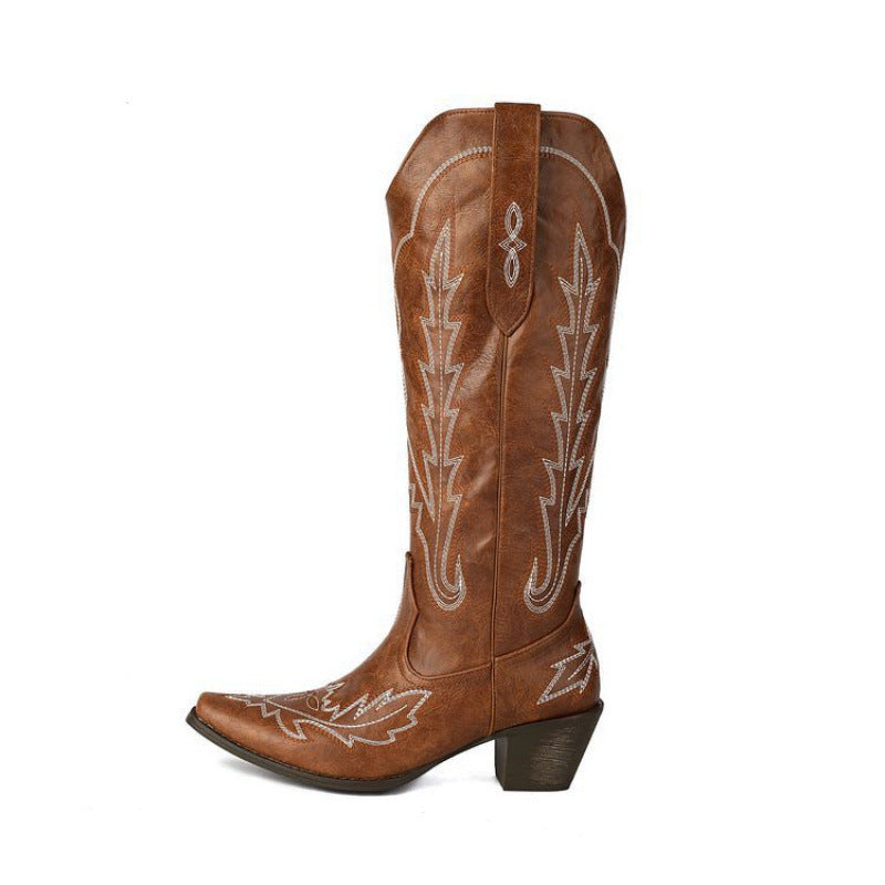 Women's brown western cowboy boots with embroidered shaft and medium block heel