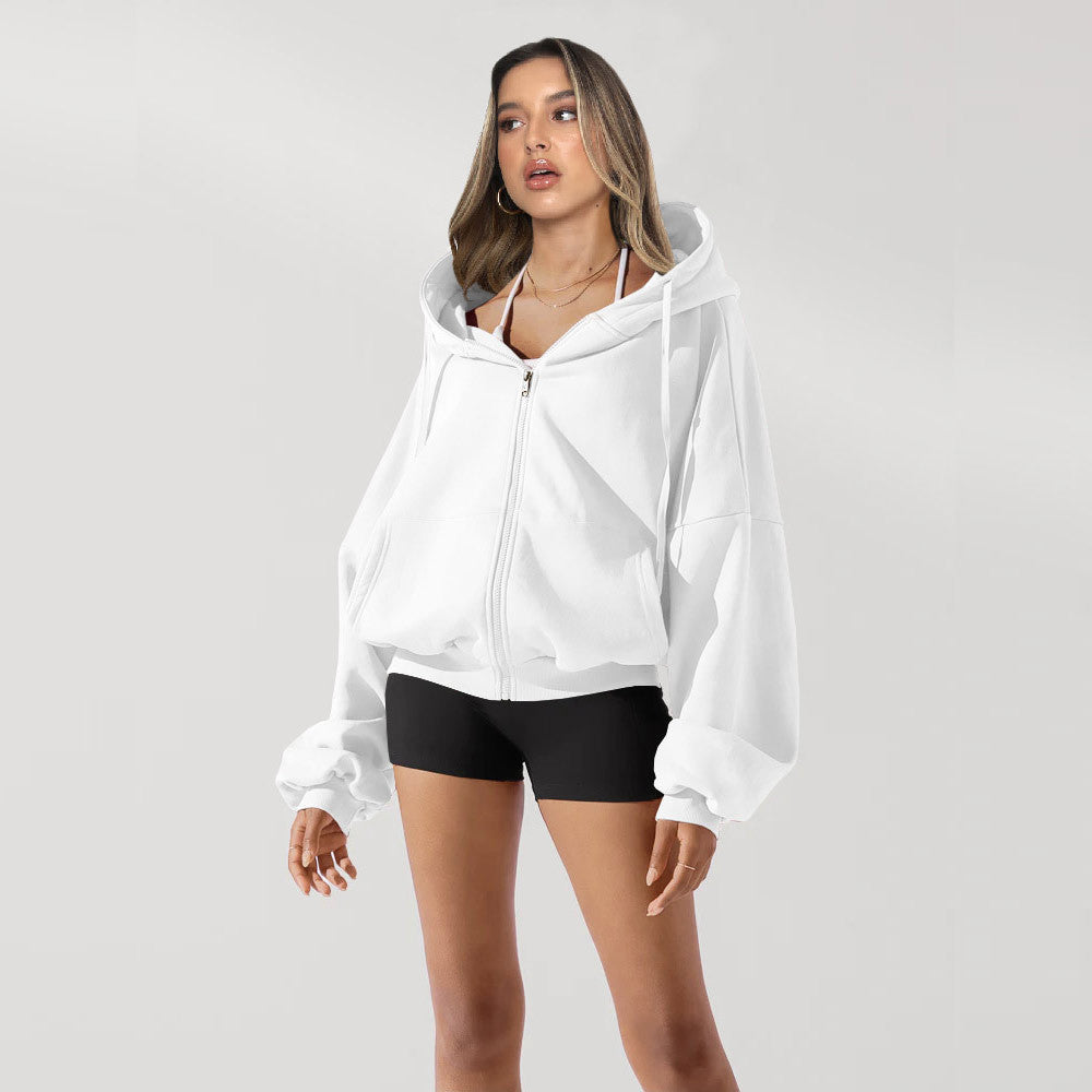 Women’s zip-front hooded sweatshirt, white, adjustable hood
