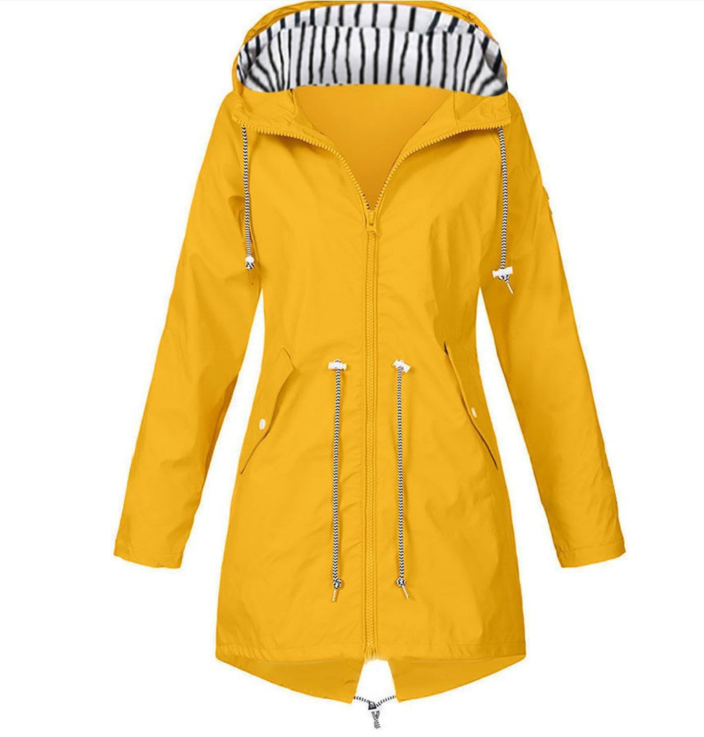 Yellow hooded parka jacket with striped lining, full front zipper and long sleeves.