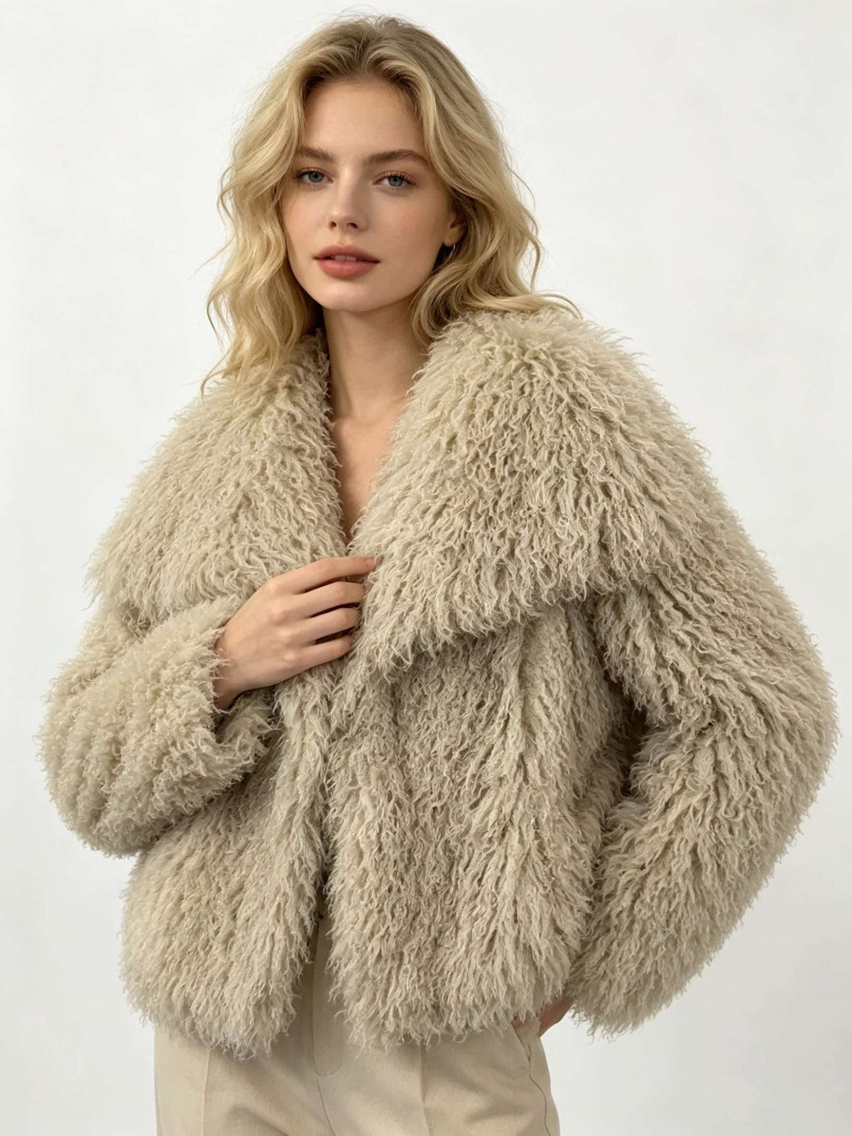 Women's shaggy faux fur coat, open front with wide lapels, oversized sleeves (cream)