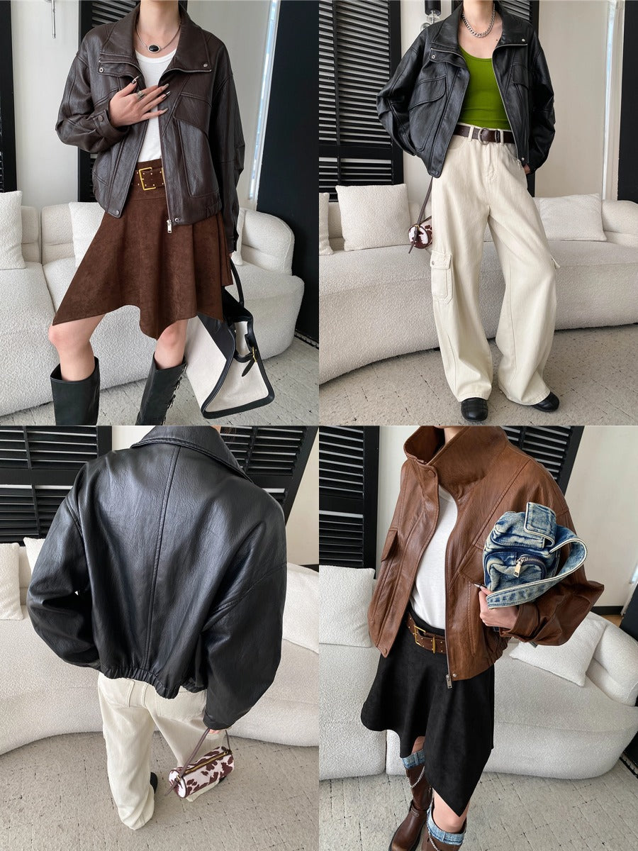 Oversized PU leather stand-collar short jacket with zipper front and flap pockets
