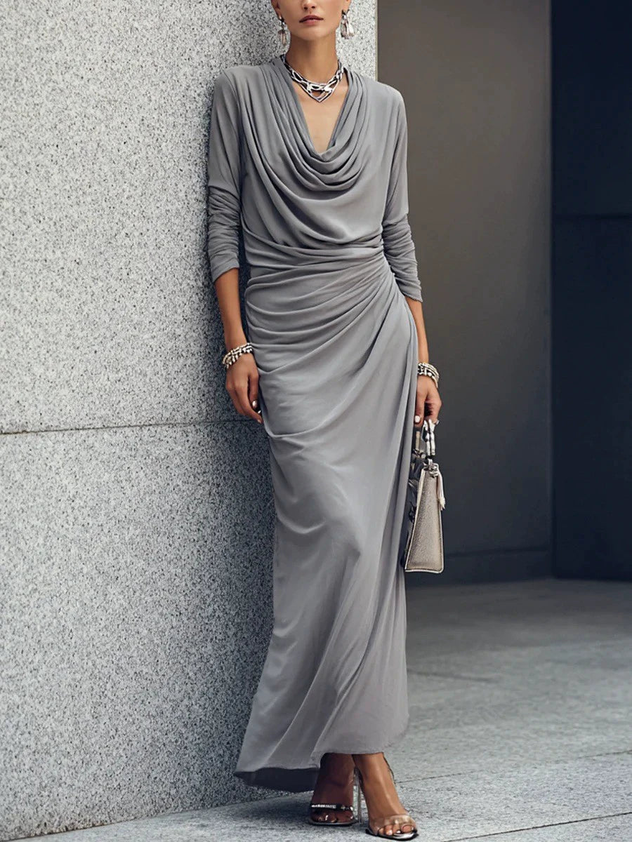 Gray long-sleeve draped maxi dress with plunging V-neck and gathered front