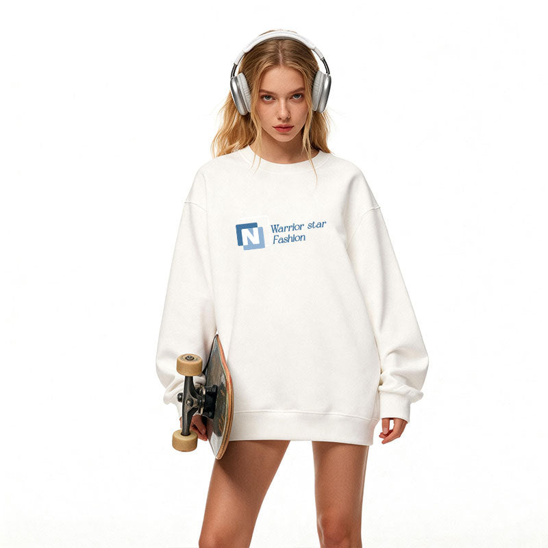 White crew-neck pullover sweatshirt with long sleeves and small chest logo print